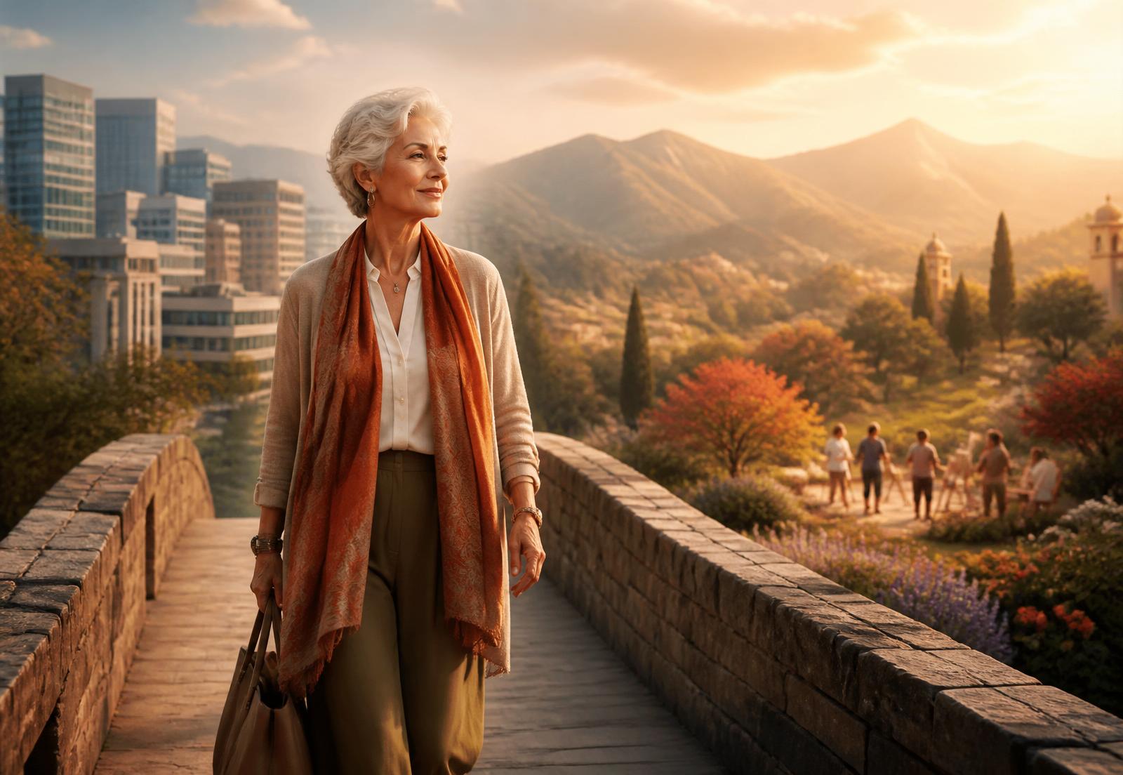 An accomplished older adult walking confidently across a graceful bridge toward a landscape of possibility